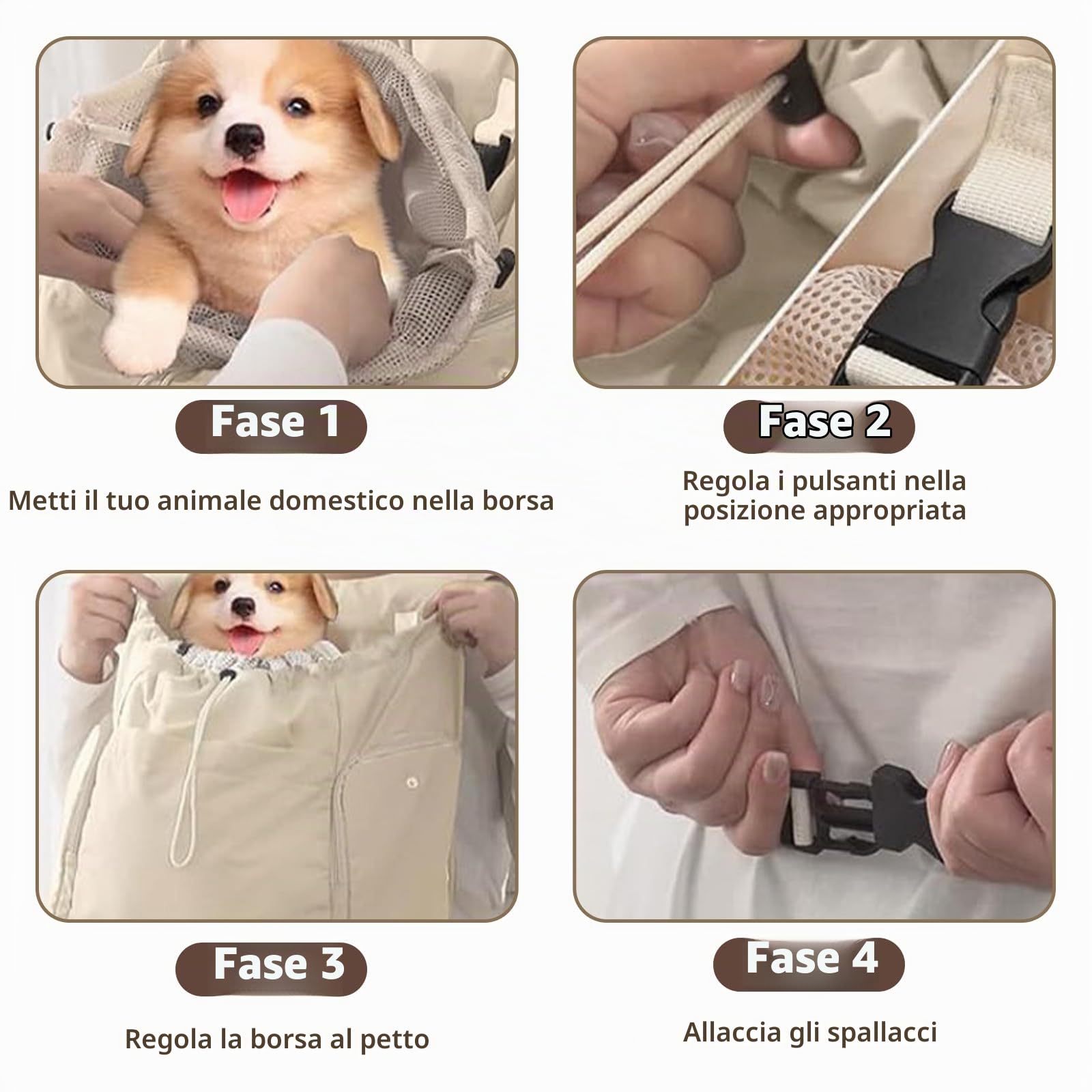 Galatée Zaino anteriore per cani, regolabile, per escursionismo, campeggio, viaggi, bianco sporco