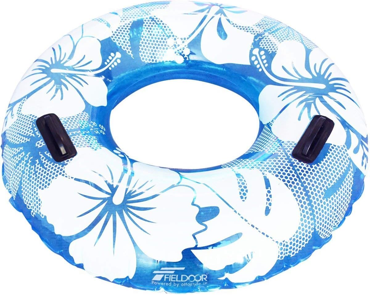 FIELDOOR 便利な持ち手付き ジャンボ 浮き輪 大きい うきわ 使用時直径95cm ブルー (ハイビスカス柄) 大人用