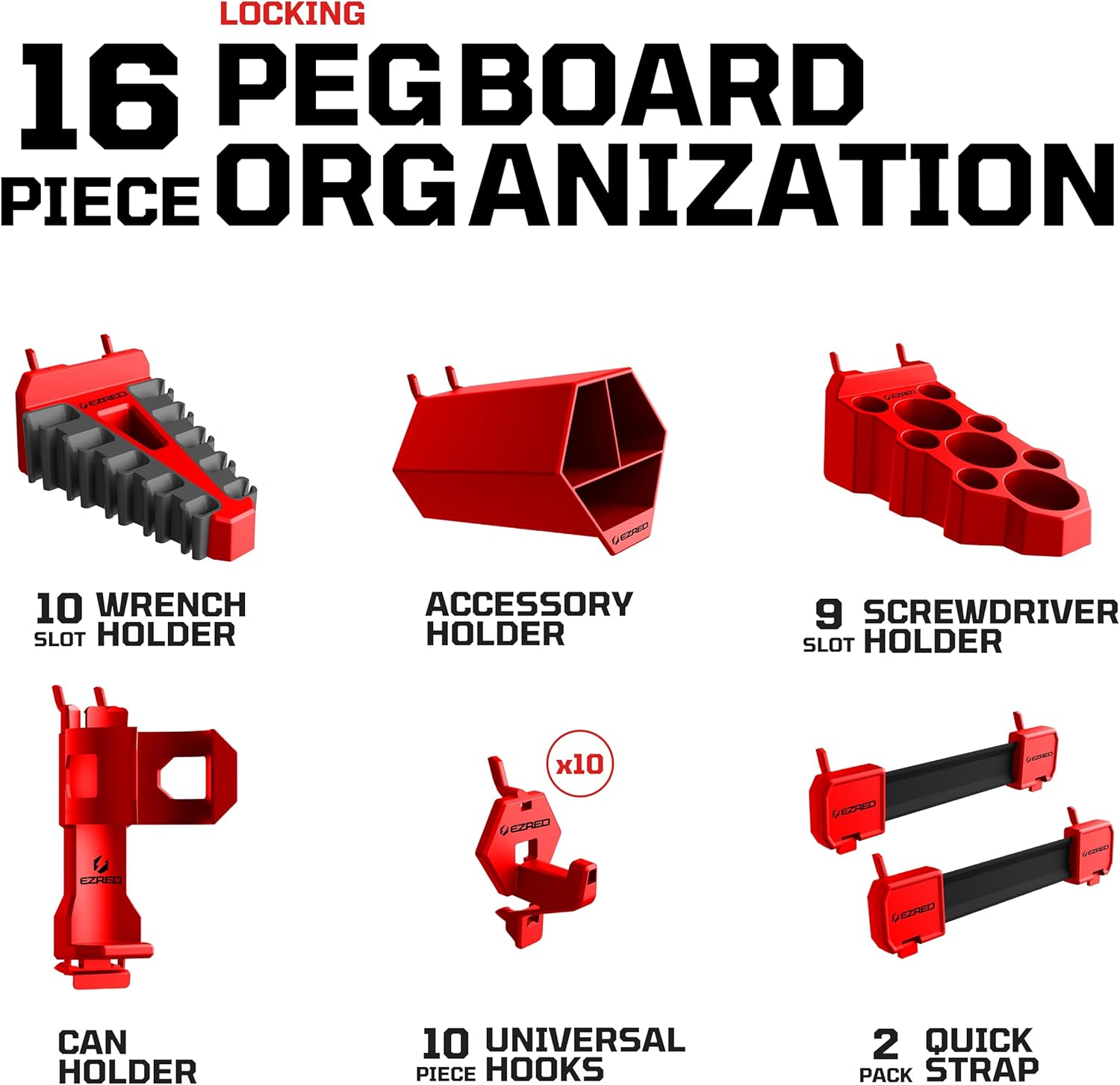 EZRED EZP6PK 16-Piece Peg Board Tool Storage and Organization For Wrenches, Screwdrivers, Spray Cans, and More Tools