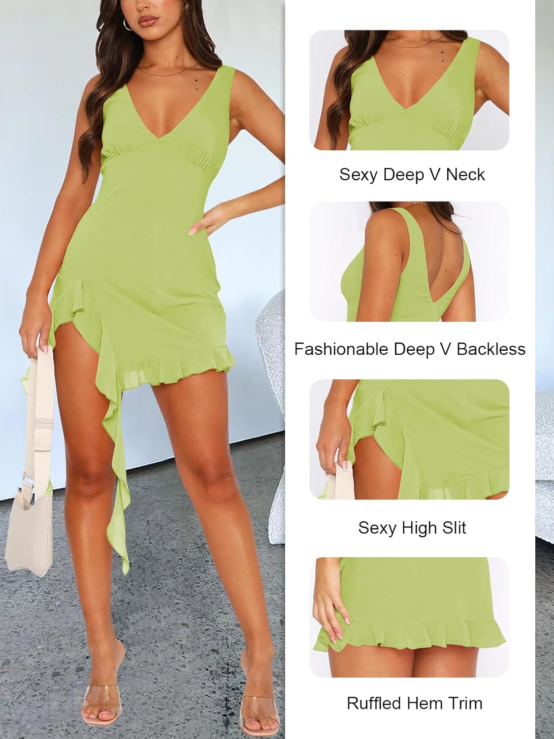MIYIEONZ Women Sleeveless Sexy V Neck Bodycon Mini Dress Summer Side Slit Mesh Irregular Ruffle Hem Backless Short Dress