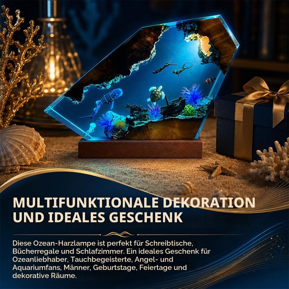 Epoxidharz Lampe, 3D Ozeanlampen mit Taucher und Buckelwale, Fake Aquarium Ocean Lamp aus Holz und Harz, Meerestiere Deko für Meeresliebhaber, Desktop-Kunst-Dekoration