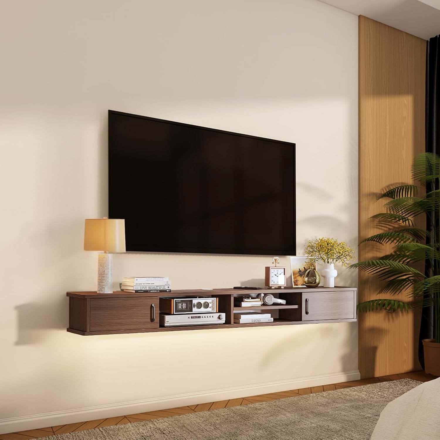 FurniNova Floating TV Stand,59'' Wall Mounted TV Console,Floating TV Shelf,Wall TV Cabinet,Floating Entertainment Shelf,Walnut