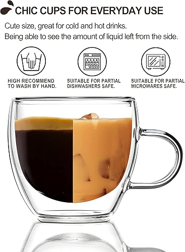 Miniatura 5 de T-WARE Juego de 4 tazas de café de vidrio de 5 onzas, tazas de café de vidrio de doble pared, tazas de café Expresso, tazas de capuchino con asa,