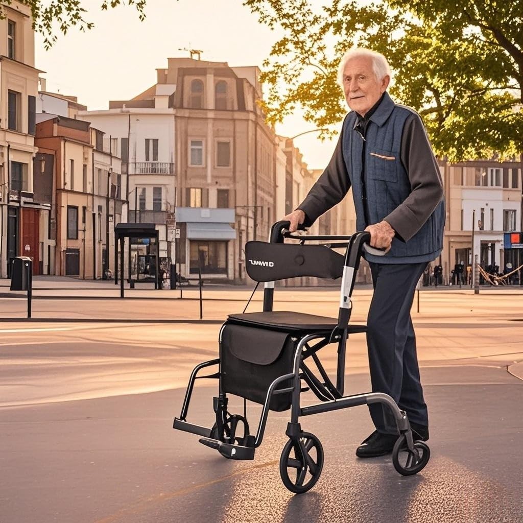 HOMASIS Deambulatore per Anziani con Seduta, Carrello per Anziani per Camminare in Alluminio, Portata di 136 kg, Girello Regolabile e Pieghevole su 6 Livelli con Supporto per Bastone/Ombrello (Nero)