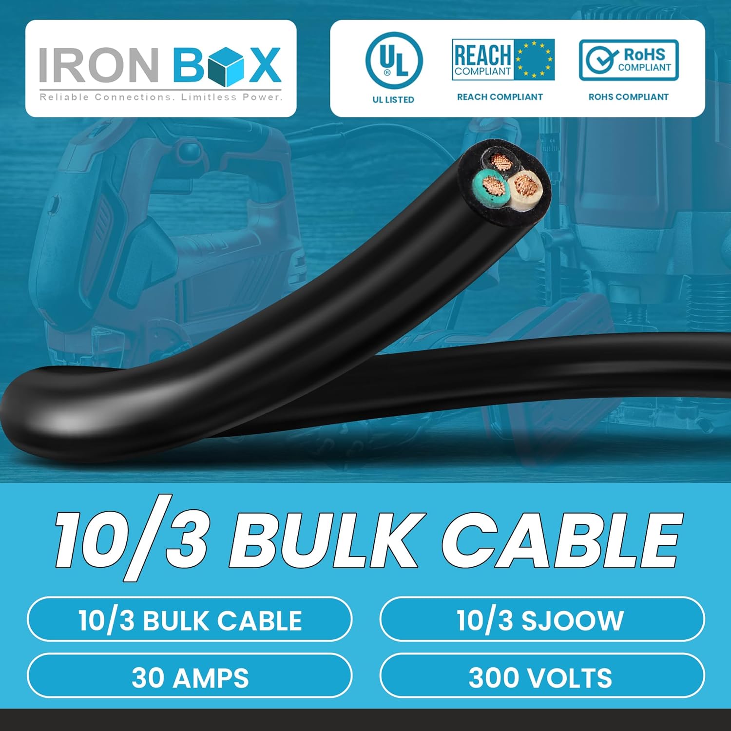 10/3 Bulk Cable 75 Foot - SJOOW Jacket, 30 Amps, 3 Wire, 300v - Water and Oil Resistant (75)