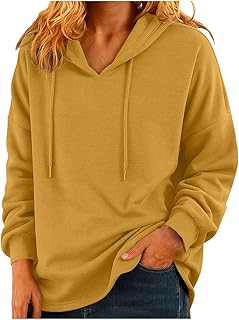Sudadera informal de gran tamaño con capucha con cordón para mujer, color liso, ajuste holgado, cómoda, con bolsillo, cuello en V, manga larga