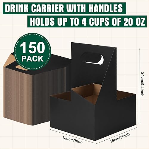 Miniatura 2 de Kisston Paquete de 150 portadores de bebidas con asa, 4 tazas de cartón de estraza para vasos, desechable, para bebidas calientes o frías, servicios