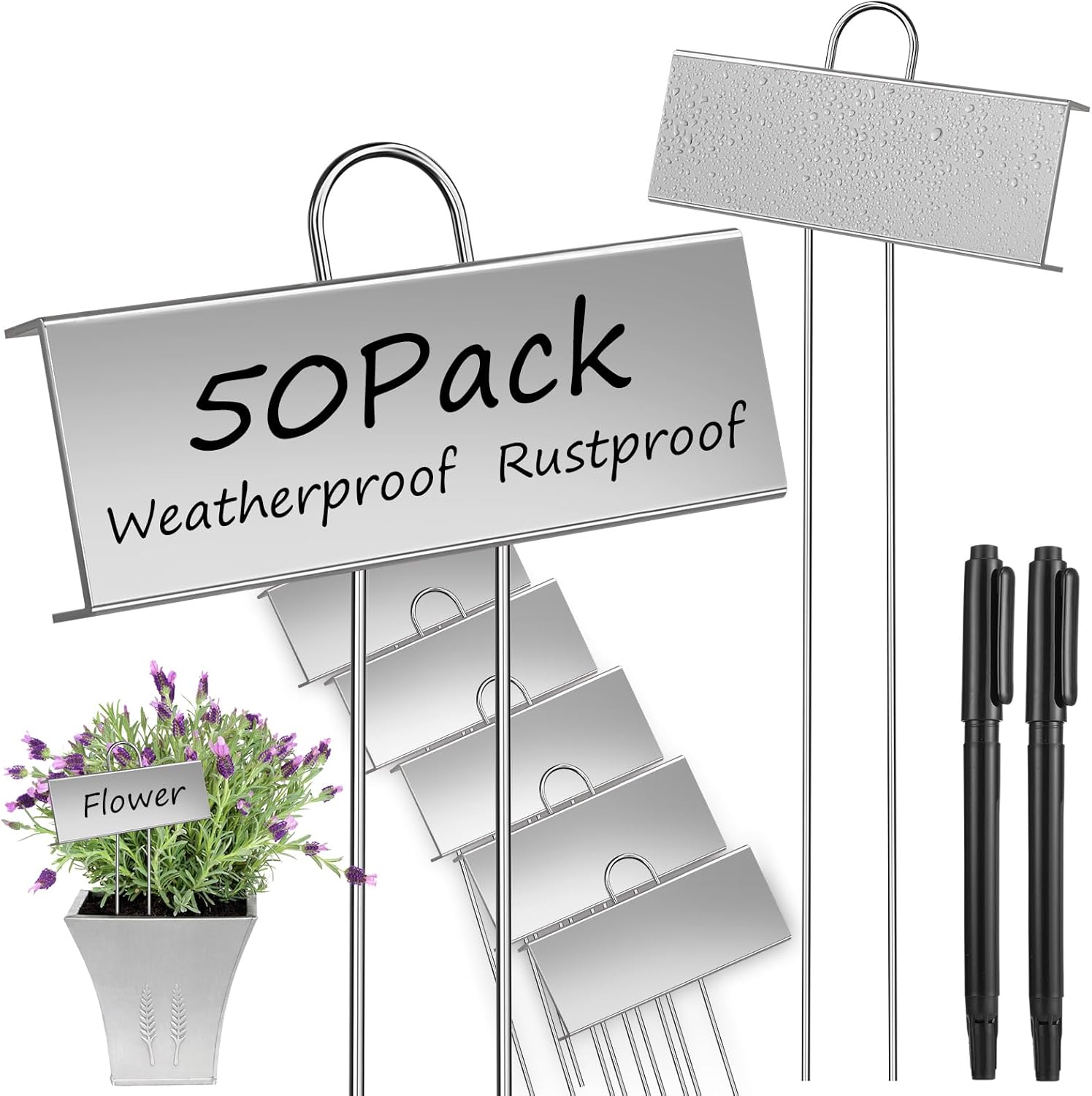 Garden Labels, 50 Pack Metal Plant Labels Waterproof Garden Markers with Pen for Seedlings Vegetables Flower, Height 10.6'' Label Area 3.5''X 1.2''(Silver)