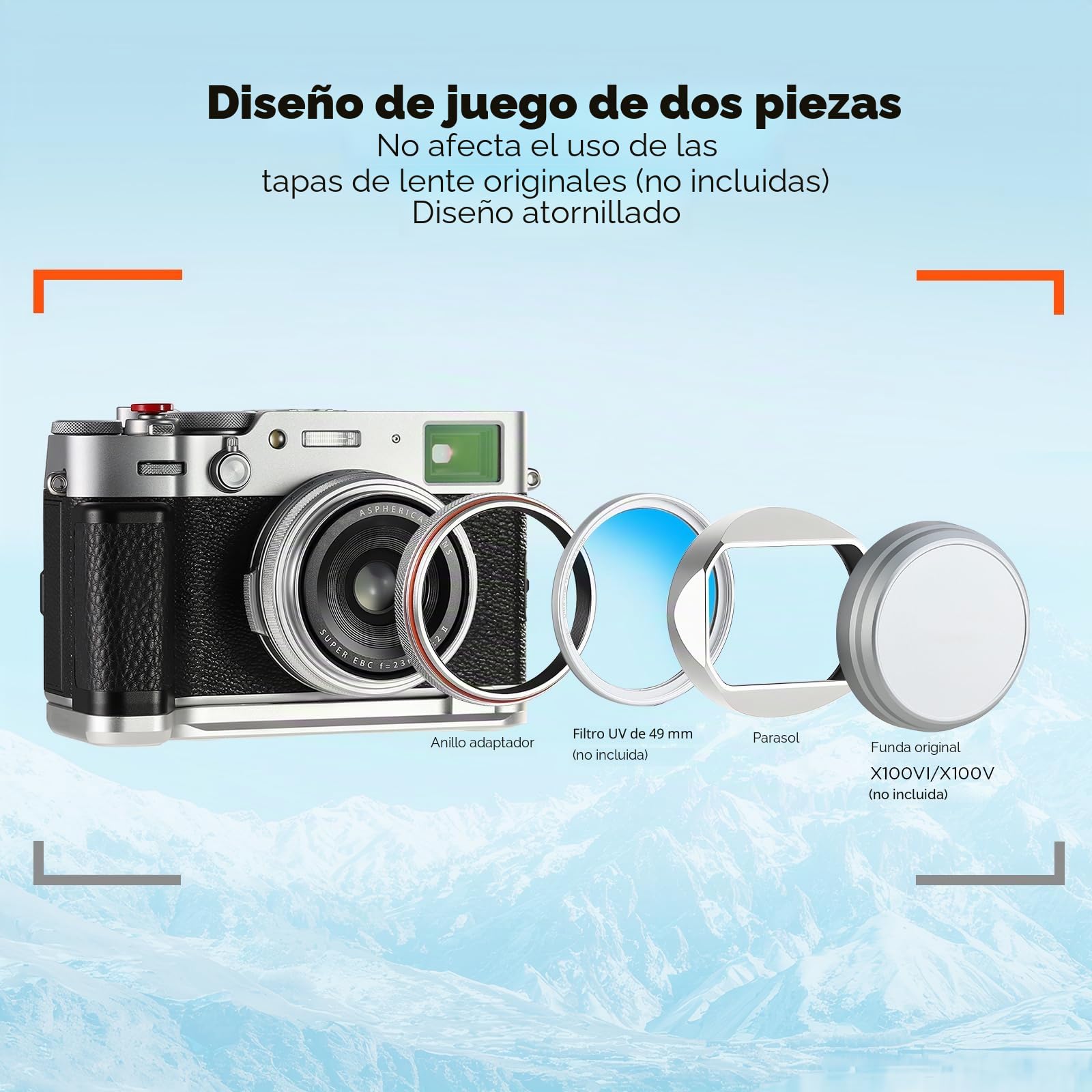 Haoge LH-X54W - Parasol cuadrado de metal con anillo adaptador de 49 mm para cámara Fujifilm X100VI Fuji X100V, color plateado