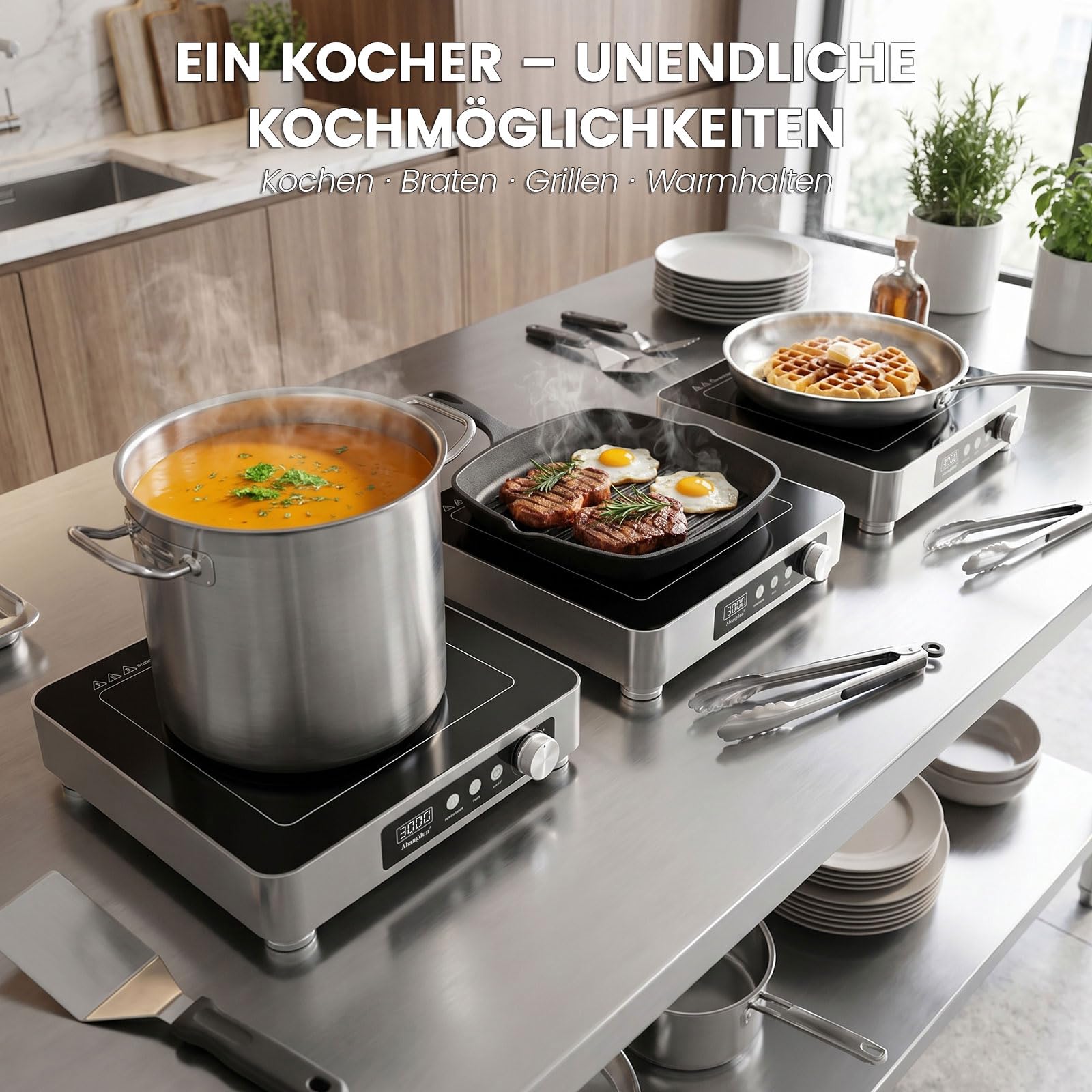 Plaque de cuisson à induction commerciale 3000 W – 190-275 V avec 16 niveaux de puissance, 60 à 220 °C, minuterie 18 h, acier inoxydable et verre, pour restauration, restaurant et cuisine