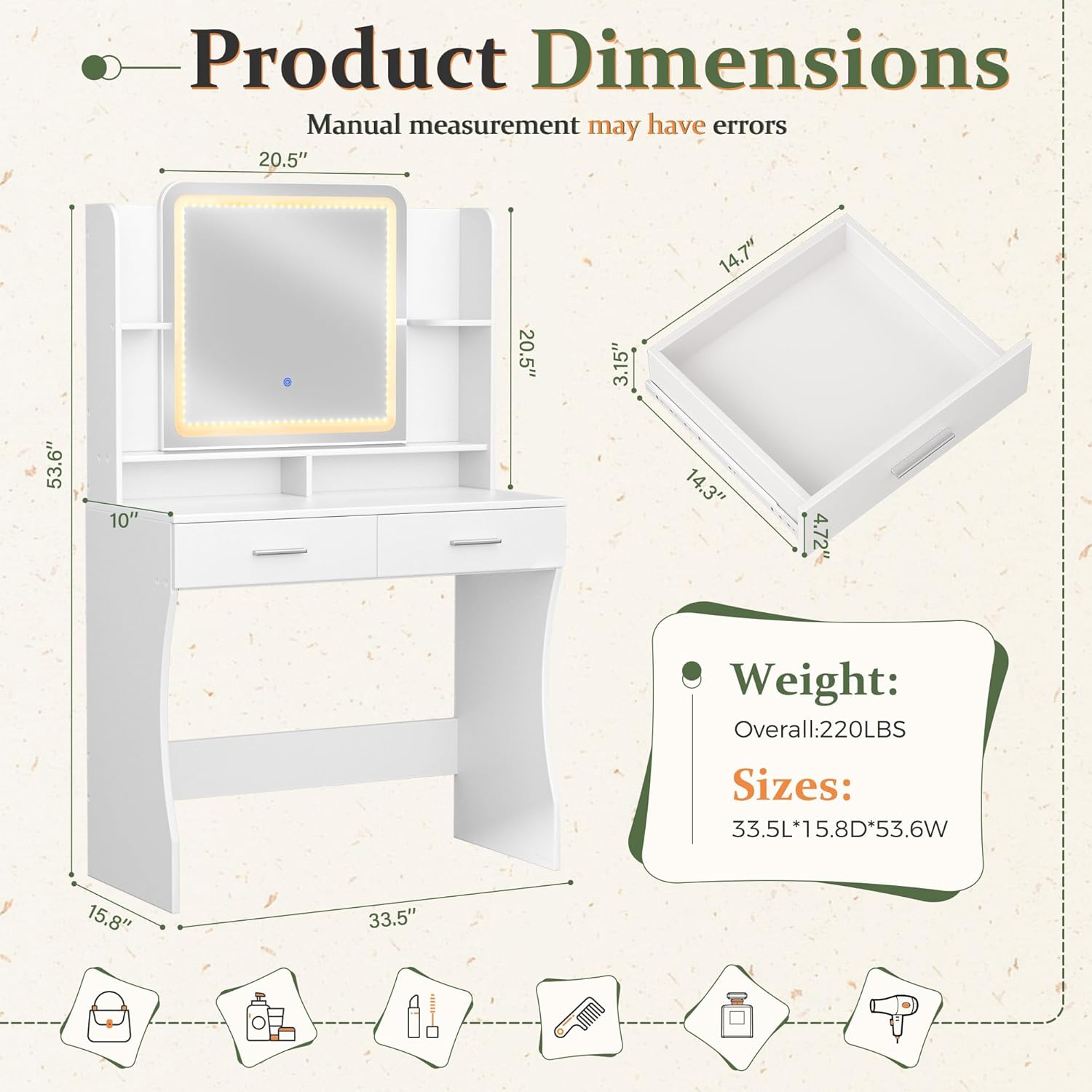 Greenvelly Vanity Desk with Mirror and Lights,White Makeup Vanity Mirror with 3 Lighting Modes,Dressing Table with 2 Drawers and 6 Shelves,Vanity Table Set for Women,Girls,Bedroom