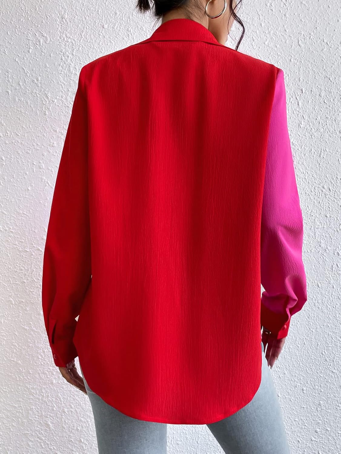 WDIRARA Women's Colorblock Long Sleeve Blouse Shirt Button Down Collared Tops - Image 2