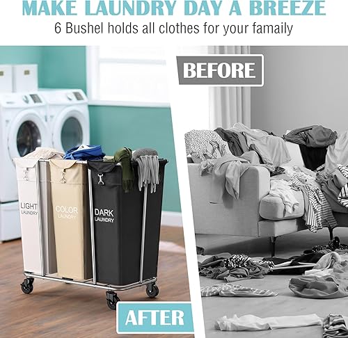 Miniatura 6 de PLKOW Clasificador de lavandería de 3 secciones, carrito de lavandería grande de 220 litros con ruedas, 3 cestas clasificadoras de ropa con marco de