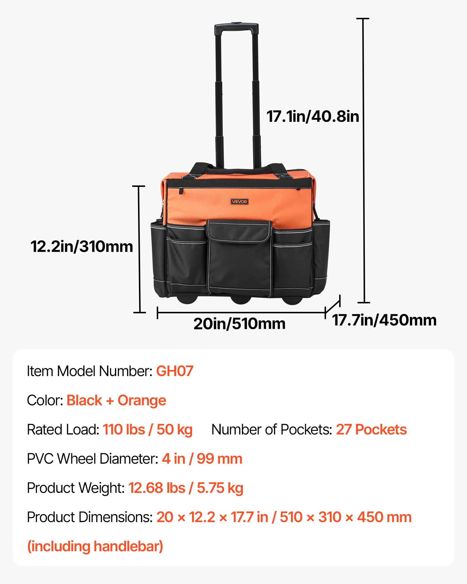 VEVOR Mochila con Ruedas de 510 x 310 x 450 mm Capacidad de Carga de 50 kg, Mochila de Herramientas Resistente con 27 Bolsillos, Asa Telescópica Ajustable y Base Estable para Construcción y Mecánico