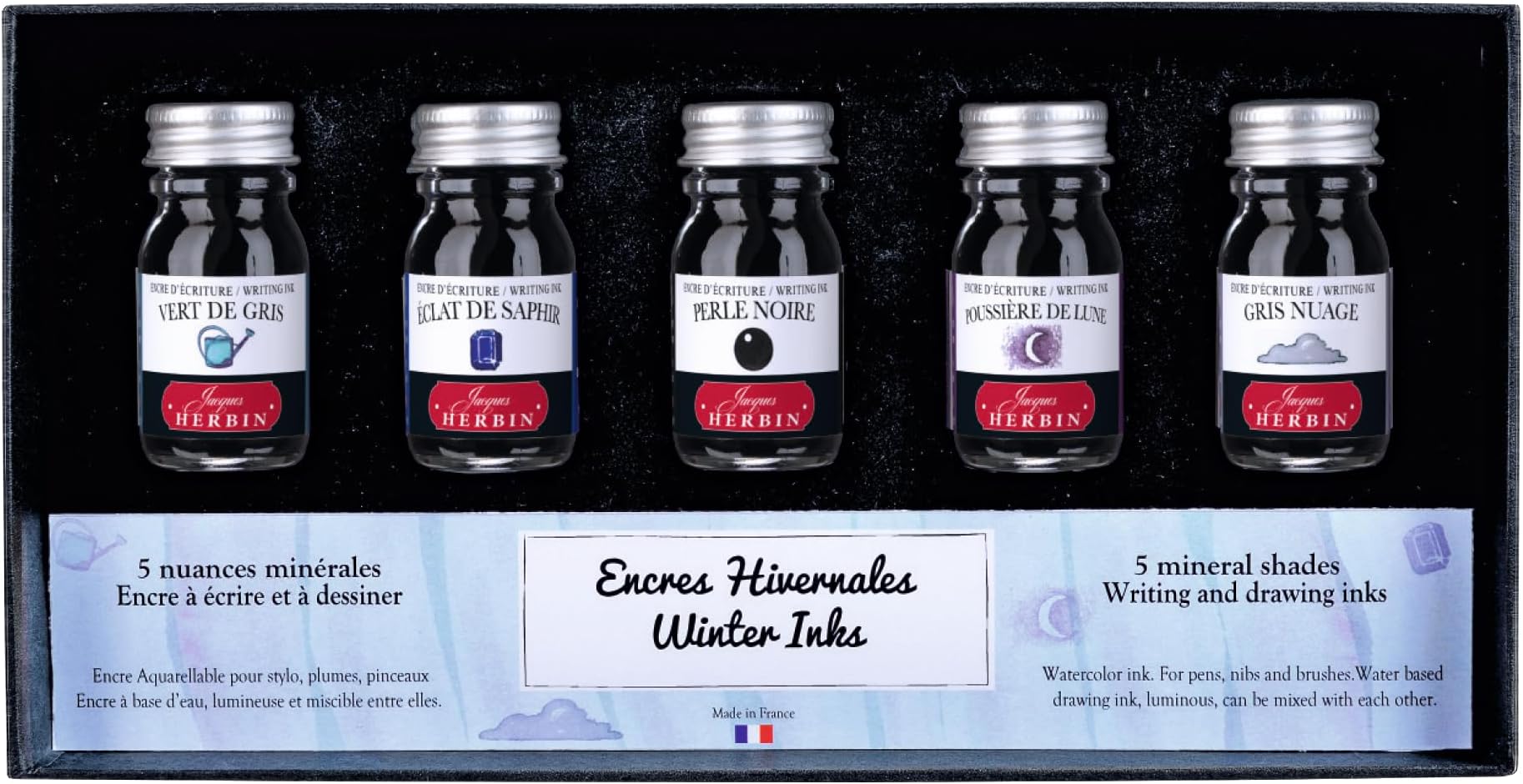 18504T - Set of 5 bottles of 10 ml ink for fountain pens and rollerball pens, assorted winter Colours. Made in France - Drawing - Writing