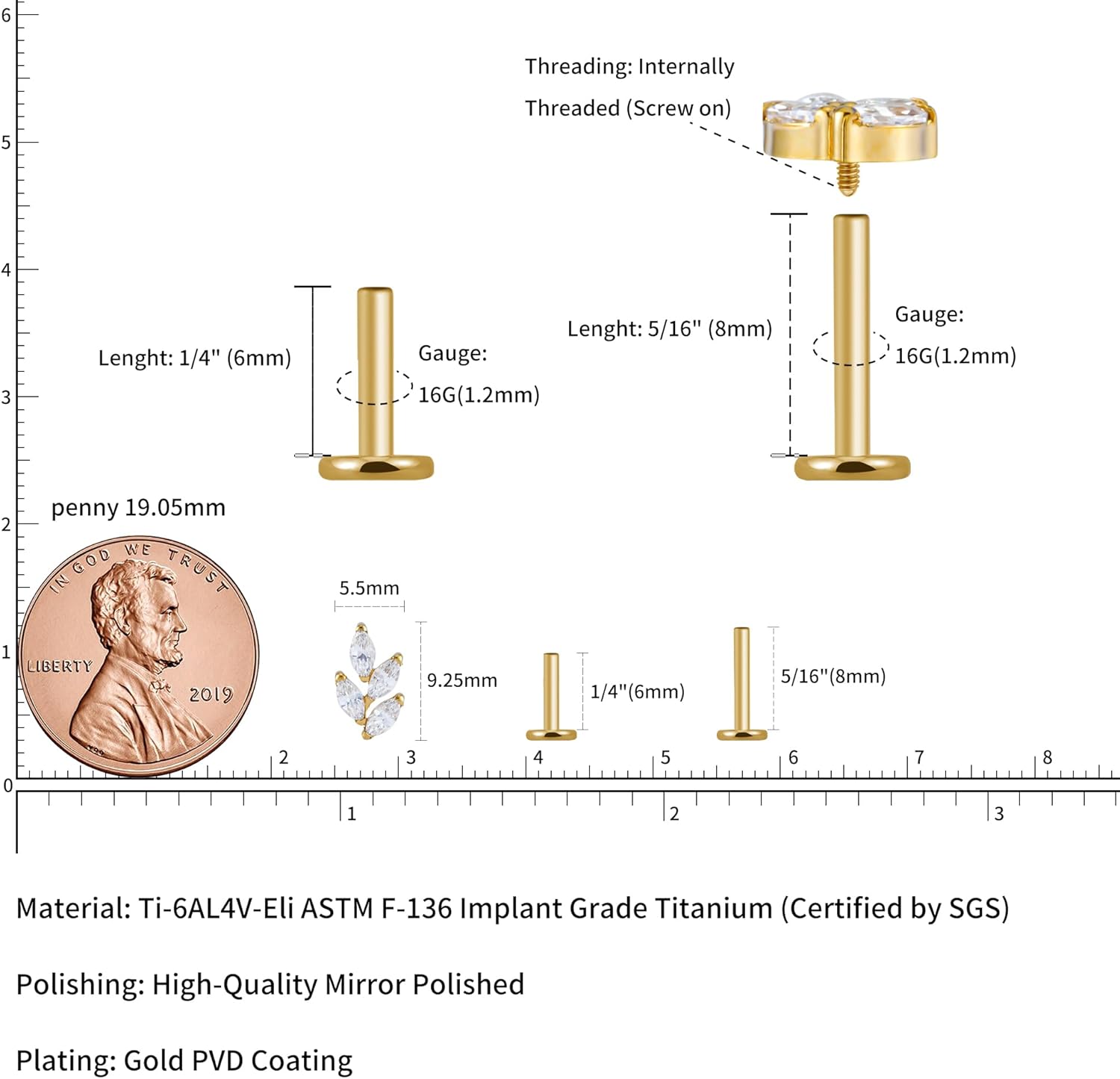 FINE4U 1PC Leaf Flat Back Stud Flat, Helix, Conch, Tragus 6mm 8mm - ASTM F136 Titanium Screw on Body Piercing Jewelry - Image 2