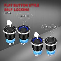 Vista 5 de DaierTek 19mm 12V Latching Push Button Switch ON Off Black Metal Pre-Wired 12 Volt Blue Led Light Illuminated Waterproof Button for Marine RV -8 Pack