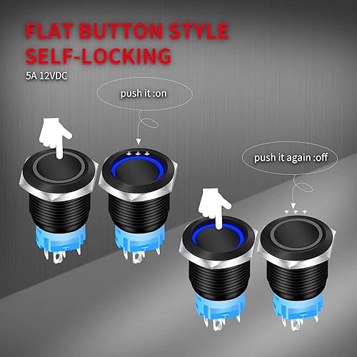 Miniatura 5 de DaierTek 19mm 12V Latching Push Button Switch ON Off Black Metal Pre-Wired 12 Volt Blue Led Light Illuminated Waterproof Button for Marine RV -8 Pack