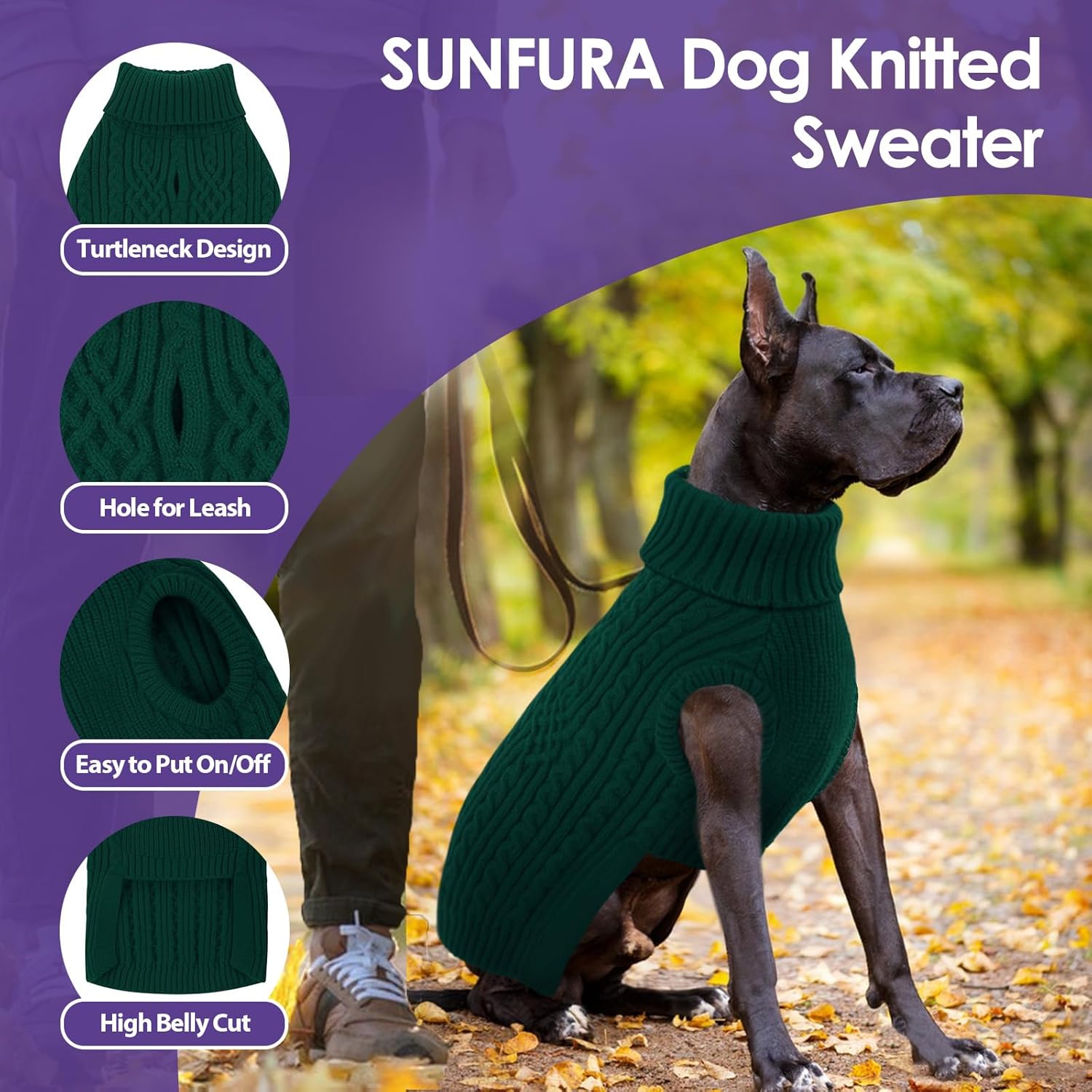 Small Dog Sweater, Christmas Dog Sweaters Fall Winter, Warm Sweaters with Harness Hole, Turtleneck Pullover for Dogs Girls Boys, Puppy Sweatshirt Knitwear Clothes for Dachshund, Green S