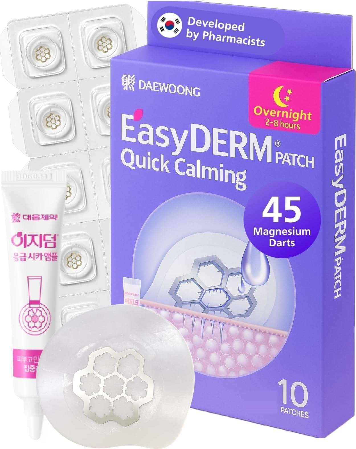 EasyDerm Quick Calming Magnesium Patches – Hydrocolloid Acne Spot Treatment Includes Tweezers & Ampoule, 10 Patches, Zit Sticker, Made by Daewoong Pharmaceutical