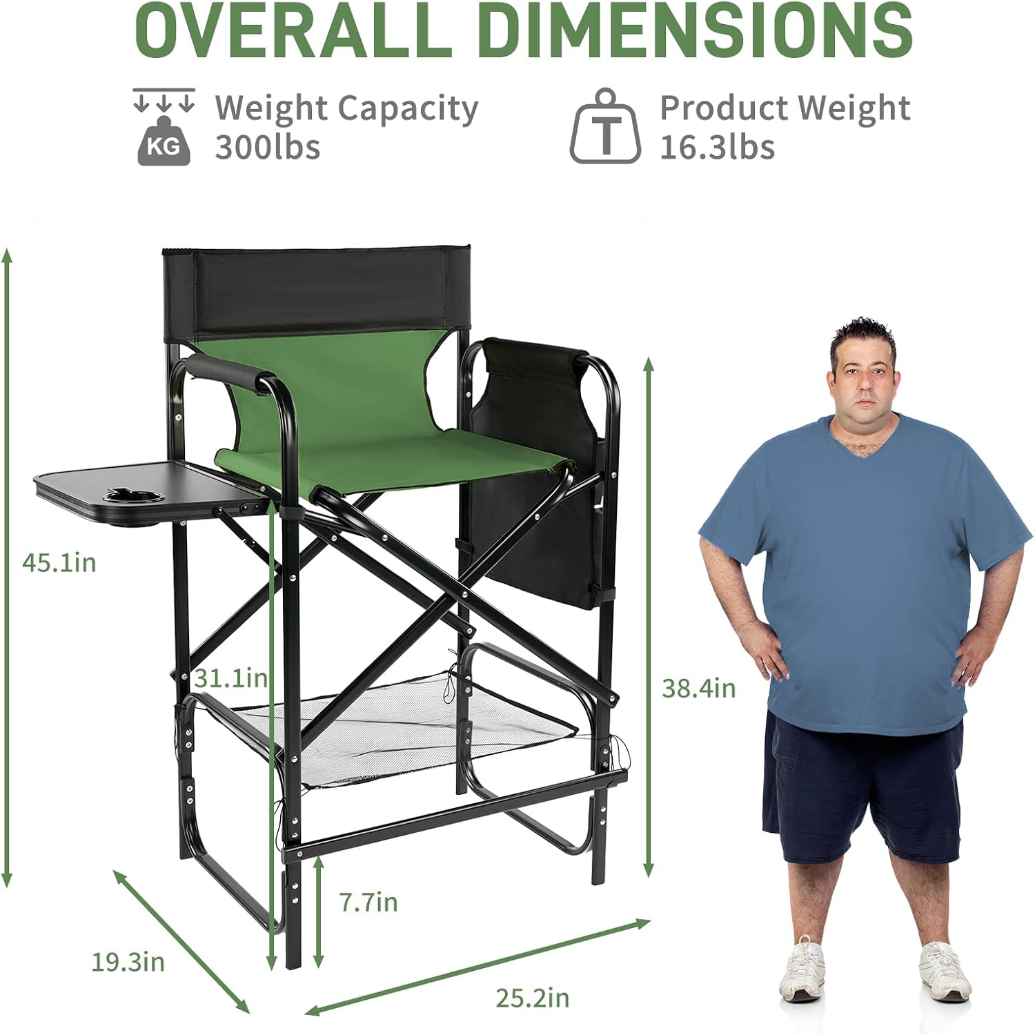 Outvita 31" Tall Directors Chair Height Seat Folding with Side Table Storage Bag, Support for 300Lbs Portable Makeup Artist Chair with Bar Height(Dark Green/Black)