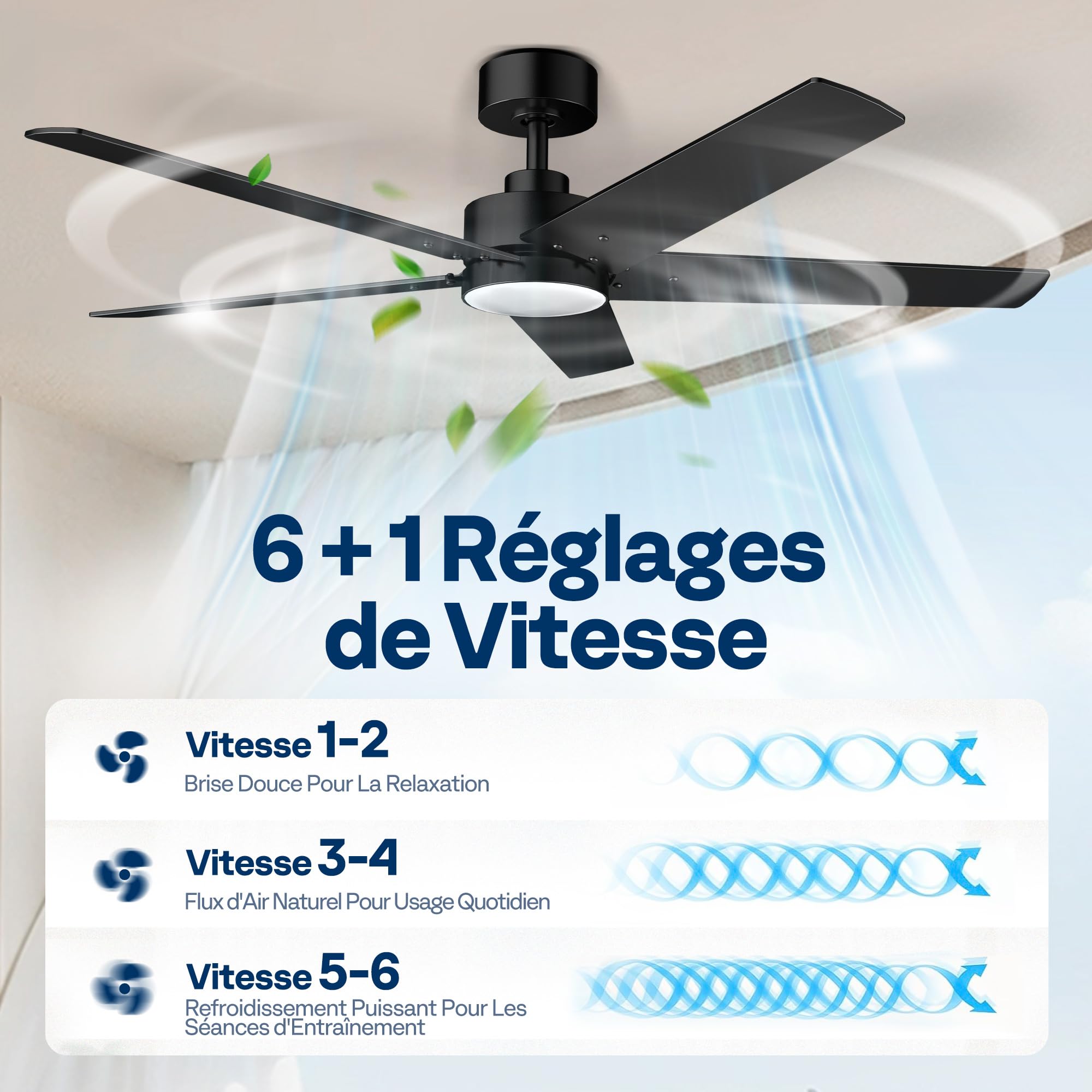 VIVOHOME Ventilateur de Plafond avec Lumières 132cm 50W Lampe Intégrée, Télécommande Minuterie 6+1 Vitesses 5 Pales Silencieux Reversible Noir