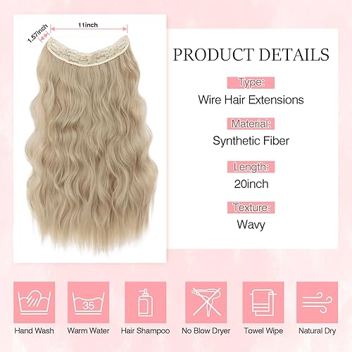 Miniatura 10 de Extensiones de cabello con alambre invisible con alambre transparente, tamaño ajustable, 4 clips de seguridad, largo, ondulado, sintético, postizo
