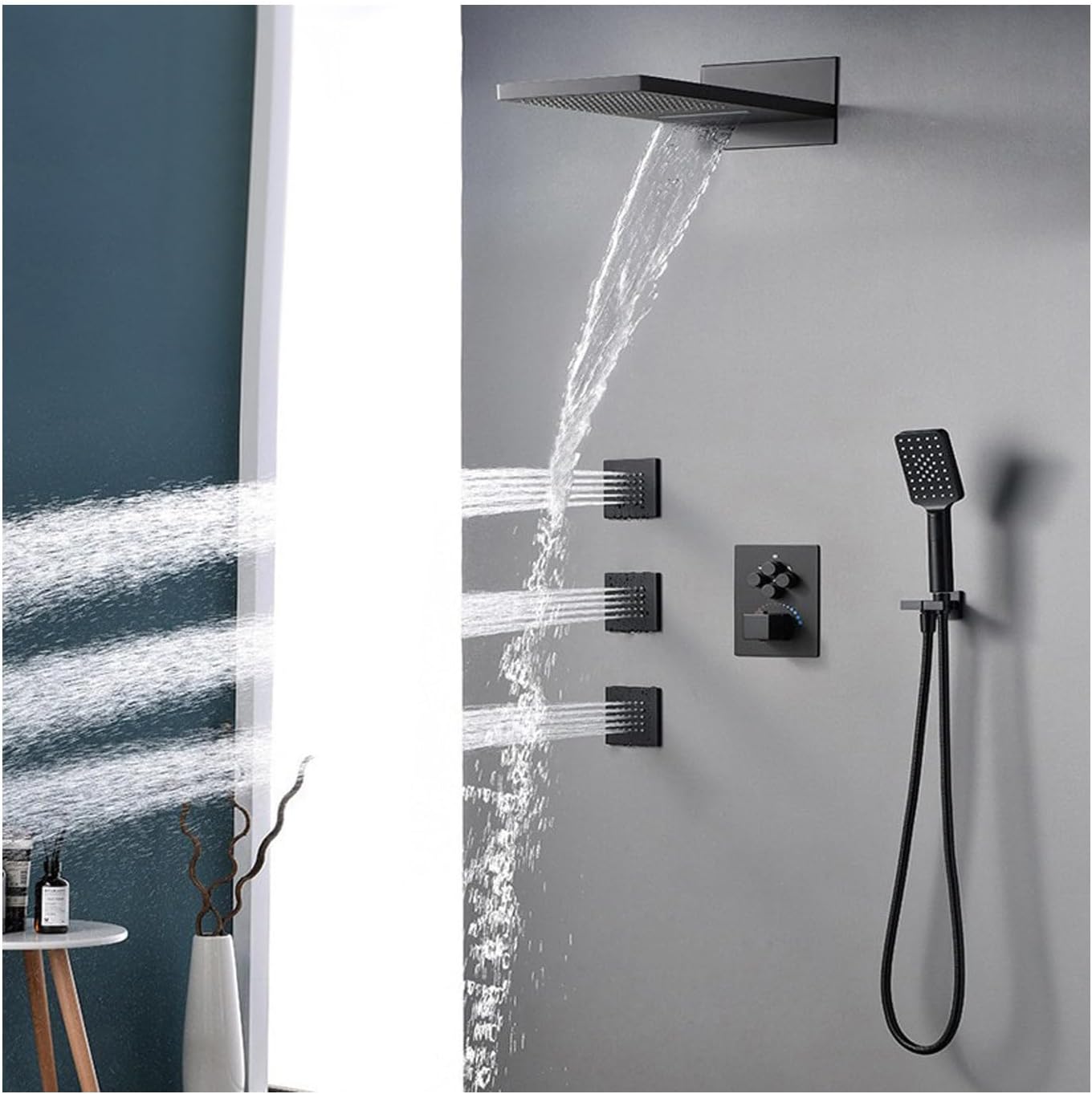 Thermostatic Rain Shower System, Bathroom Shower Faucet Set Complete 4 Functions Shower Fixtures Brass Shower Valves with Rain Shower Head and 3 Modes Handheld, 3PCS Body Spray Jet