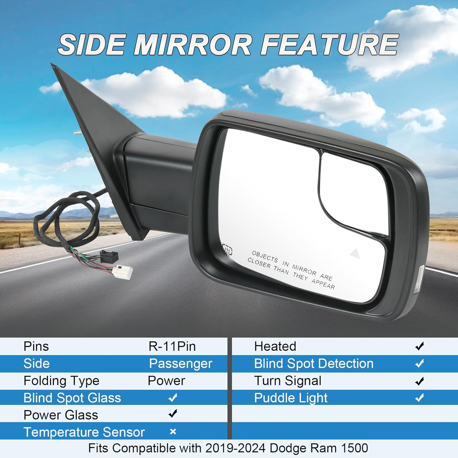 JDMSPEED Right Passenger Side Door Mirror Compatible with 2019-2025 Ram 1500 with Power Folding Heated Power Glass Turn Signal Puddle Light Blind Spot Detection Textured Black(11Pin)