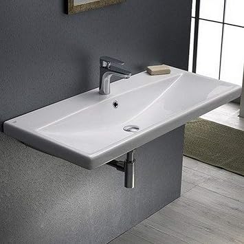 032200-U-One Hole Elite Rectangle Ceramic Wall Mounted/Self Rimming Sink, White