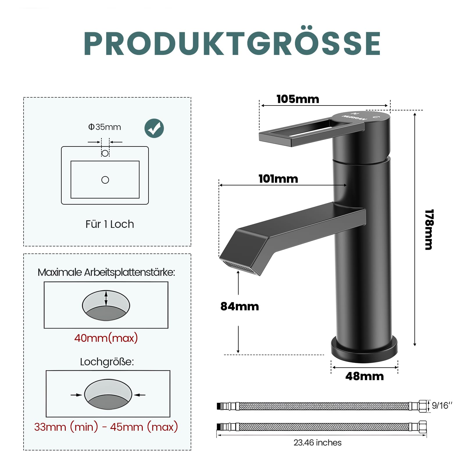 Wasserhahn Bad Waschtischarmatur Schwarz Matt, HURRAN Waschtischarmaturen Wasserhahn Badezimmer, Edelstahl Einhebelmischer für das Badezimmer, Moderne Waschbeckenarmatur für die Toilette RV Spüle