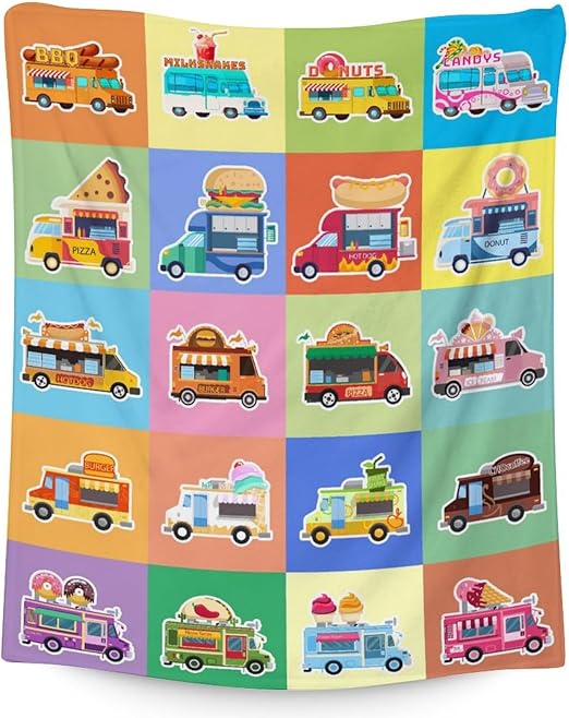Food Truck Blanket Gifts - 50x60 Inches Funny Throw Blanket for Boys & Kids - Colorful Soft Fuzzy Car Blankets for Bed, Couch & Living Room