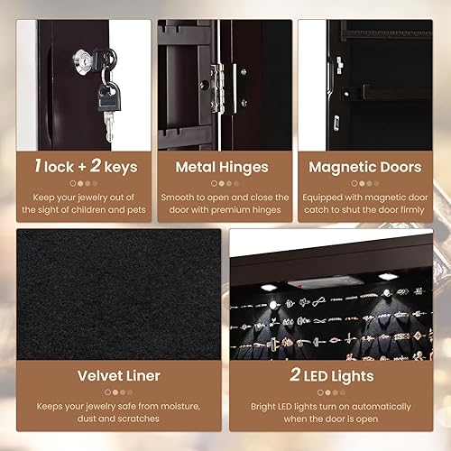 Miniatura 3 de NAFORT Armario de joyería con espejo de longitud completa 2 LED 475 pulgadas de alto armario organizador de joyas con cerradura montado en la