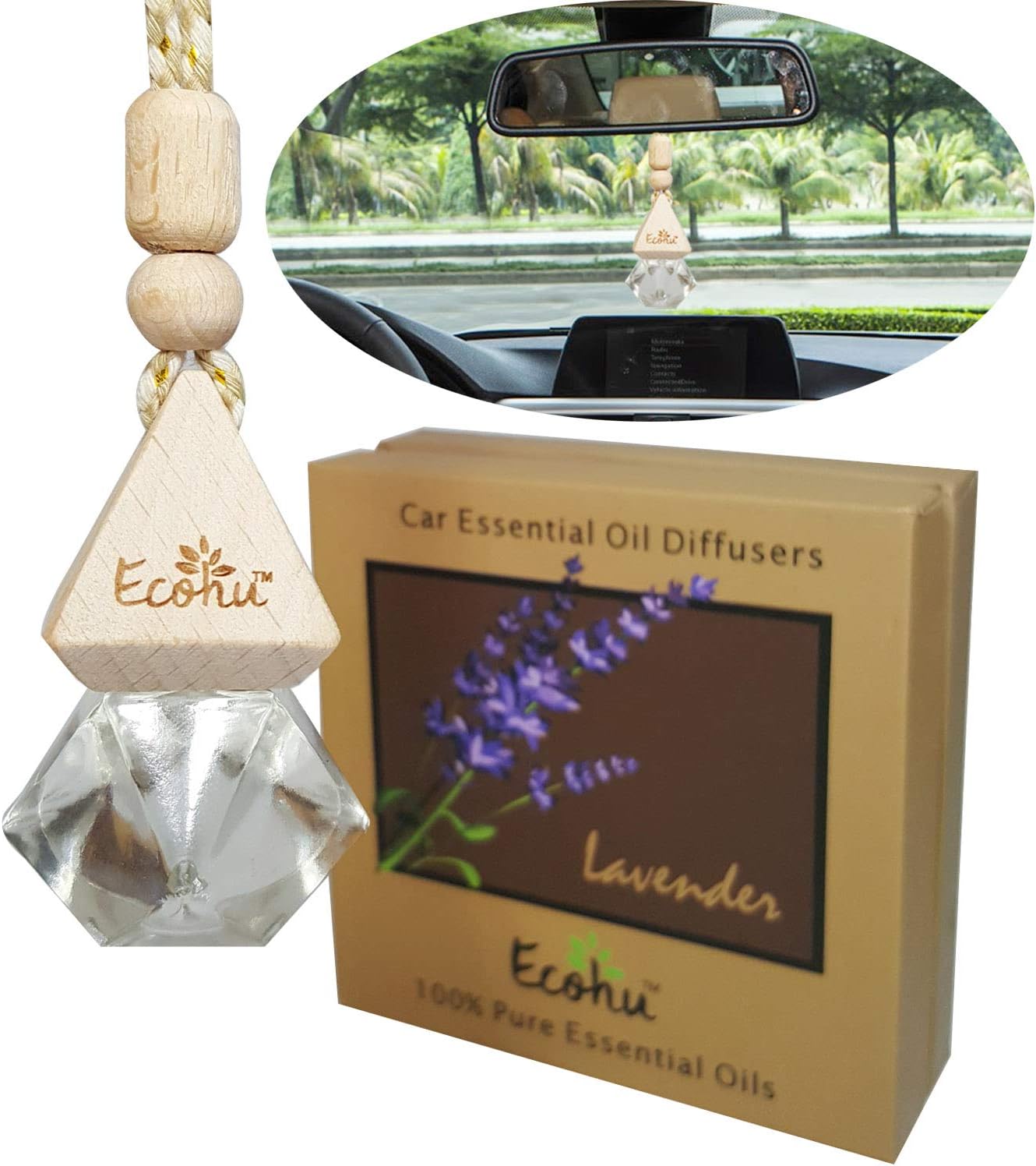 Car essential oil diffuser- Lavender car air freshener- 100% Pure essential oils – Eco friendly,non toxic -Diamond shape bottle - Hang on rear view mirror - reduce stress by Ecohu