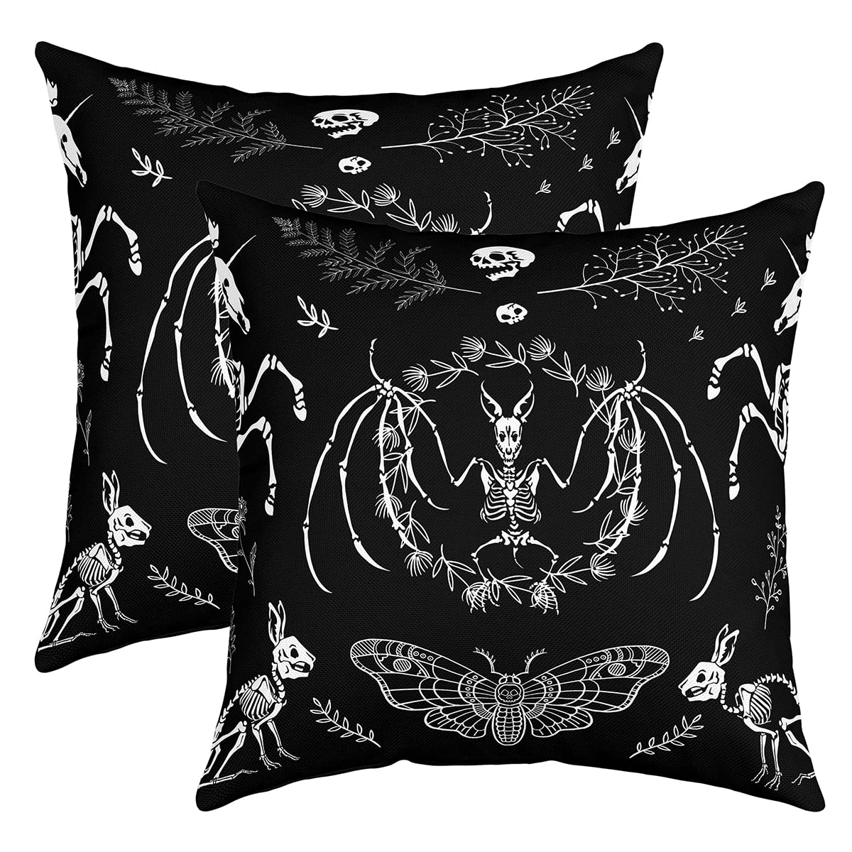 Manfei Gothic Skeleton Pillow Cover Unicorn Rabbit Moth Skull Cushion Case for Sofa Bedroom Car Black and White Square Pillow Case for Sofa Couch Double Sides Print, 2 Pack 22"x22" — image 1