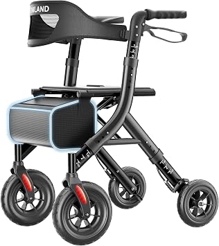 HOMLAND Foldable Rollator Walker for Seniors with Seat, Black | 10" All-Terrain Wheels, Curb Climber, 16.4 lb Lightweight, Lockable Brakes, 300 lbs Capacity