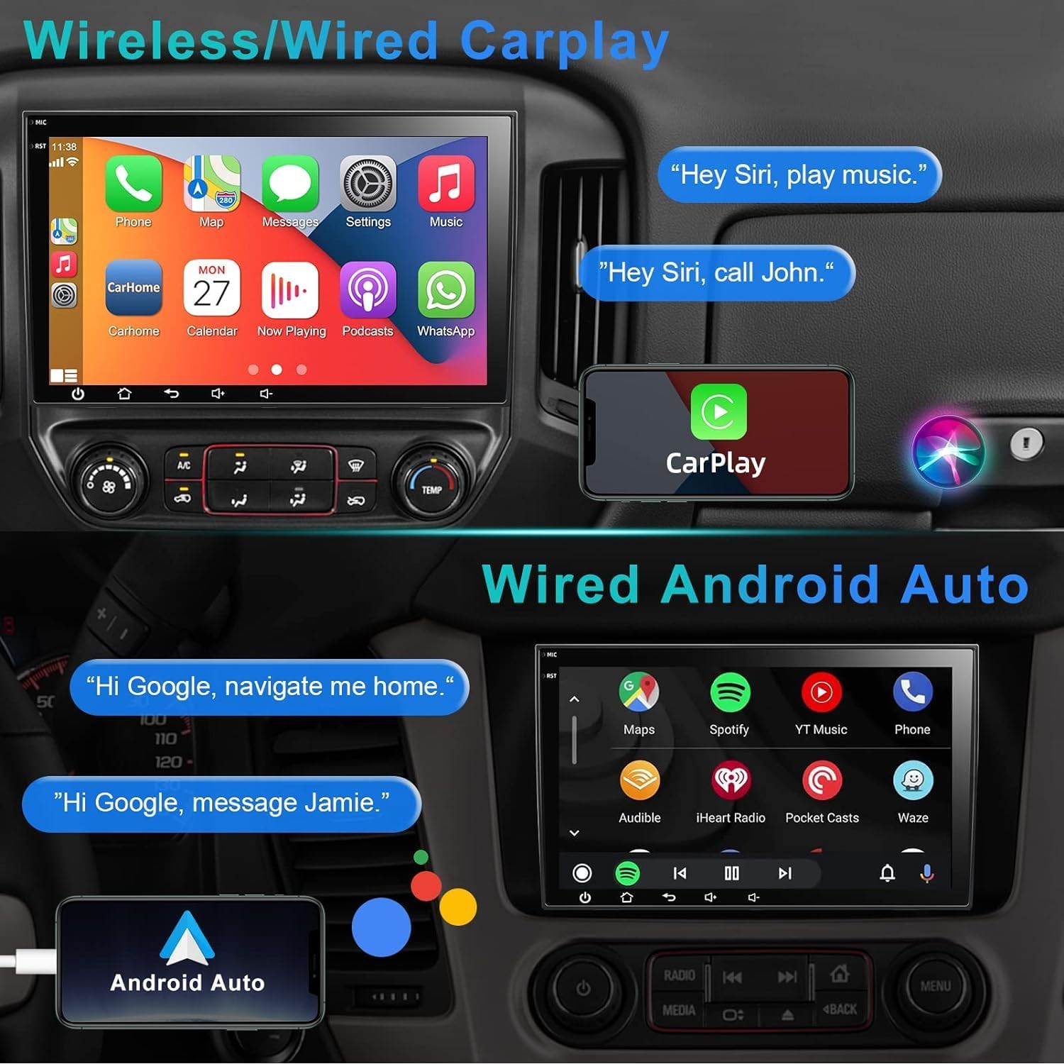 Screenshots demonstrating Wireless CarPlay and Wired Android Auto interfaces on the car stereo, showing phone apps and voice commands.