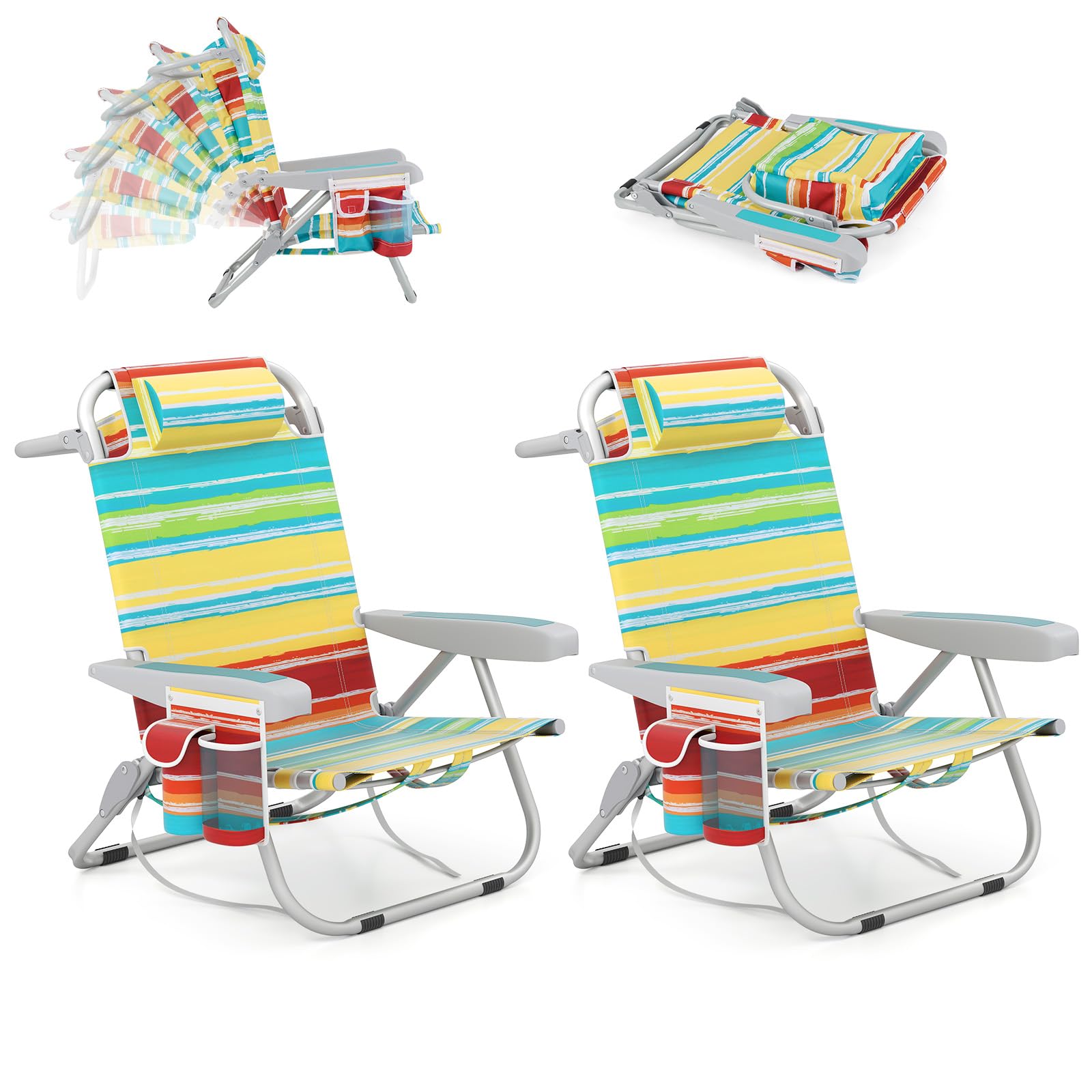 KOMFOTTEU Sedia da Spiaggia Pieghevole, Spiaggina con Schienale Regolabile in 5 Posizioni, Sdraio Mare con Poggiatesta, Lettino Prendisole con Tasca Laterale, Carico 150 kg，Colorato：2