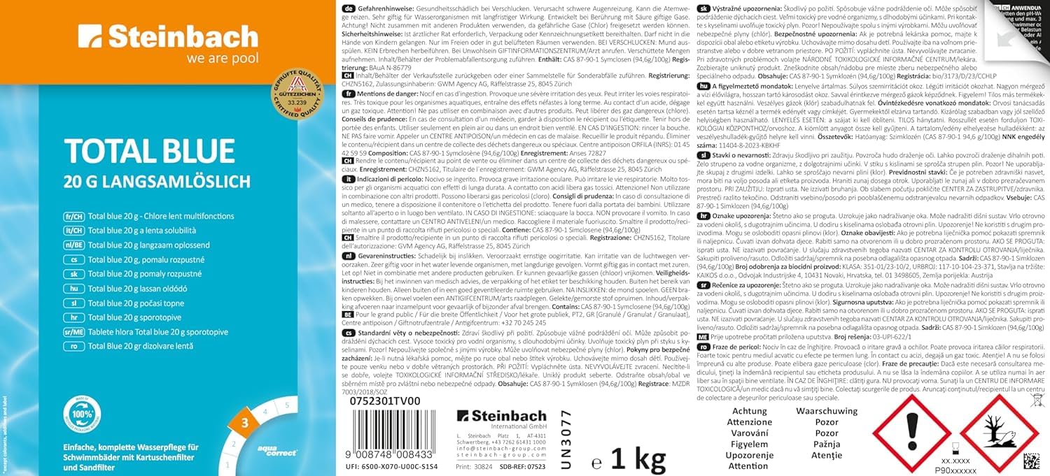 Steinbach | Poolpflege Starter Set | inkl. Algezid, Total Blue 20g, 50er Teststreifen Kit, Dosierschwimmer & Testkit für pH-Wert/Chlor | ideal zur Wasserkontrolle | Poolwasser sauber & kristallklar