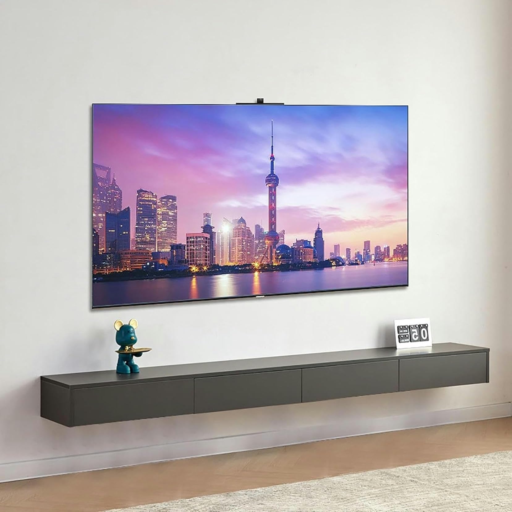 Meuble TV suspendu mural bois massif console multimédia flottante