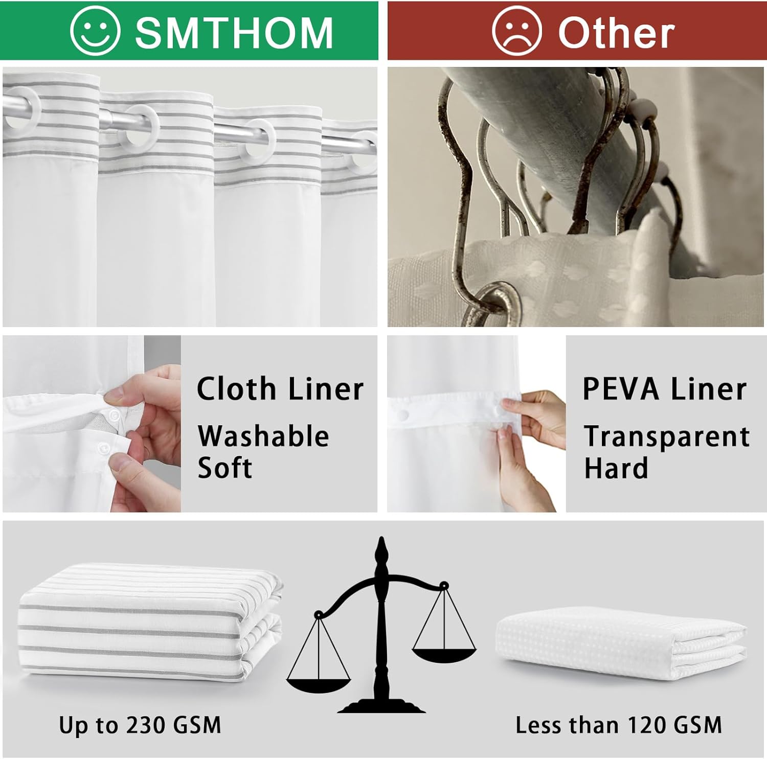 No Hook Shower Curtain and Liner Set,Gray Boho Striped Shower Curtain for Bathroom Cotton 75" L x 72" W