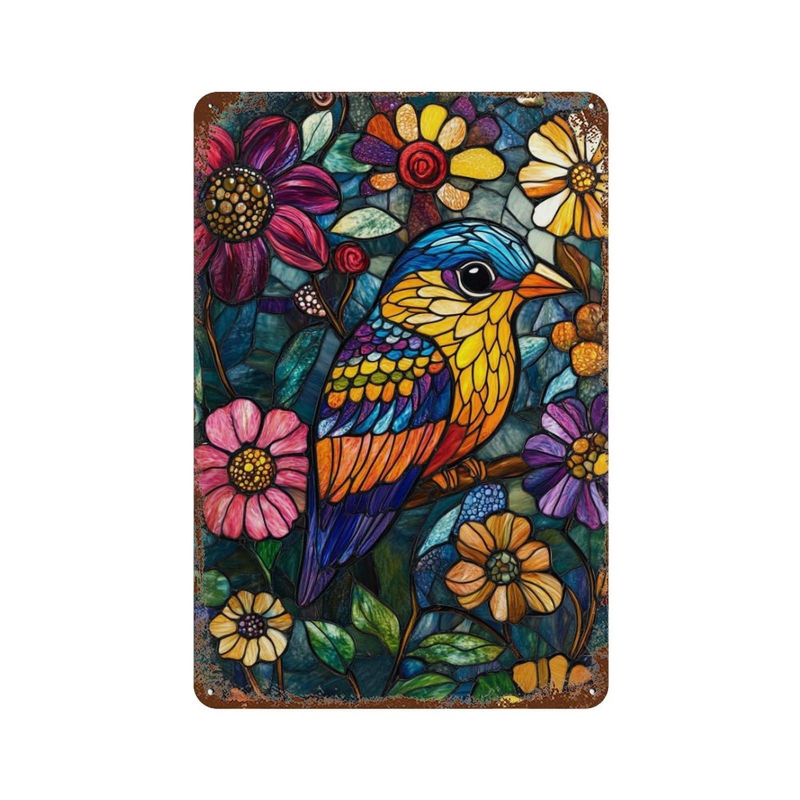 Stained Glass Bird Garden Rust Effect Tin Sign 11.8"x7.9", Vintage Wall Decor for Bistro, Counter And Cafe Decor