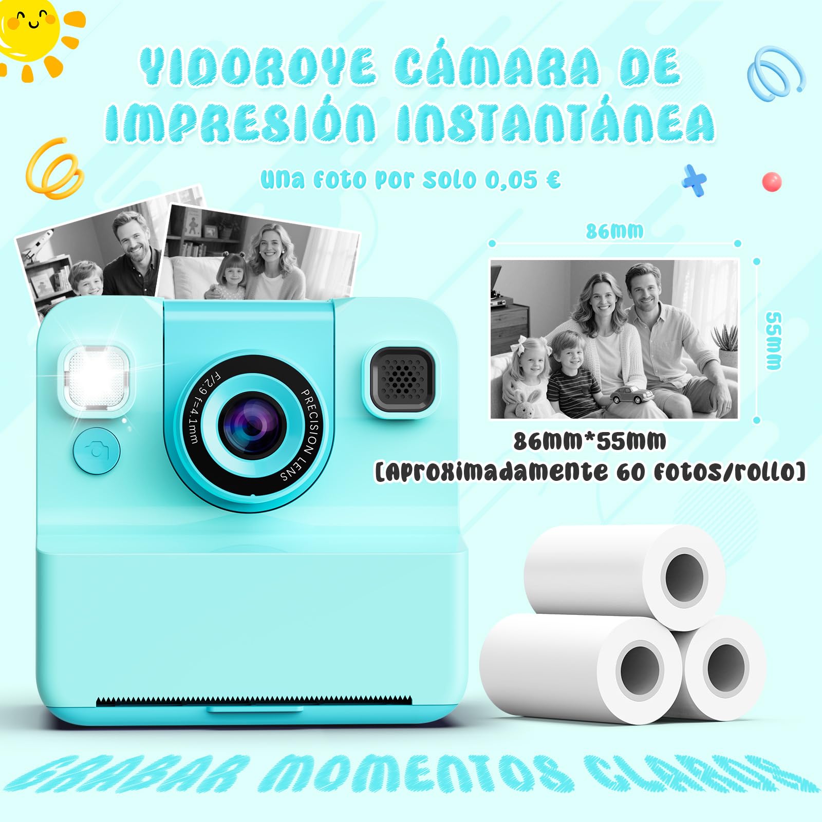 Macchina Fotografica Bambini Istantanea, 2.4" HD Portatile Macchina Fotografica Bambini 1080P Digitale Fotocamera Istantanea Regali Natale Compleanno per 3-10 Foto & 32GB SD