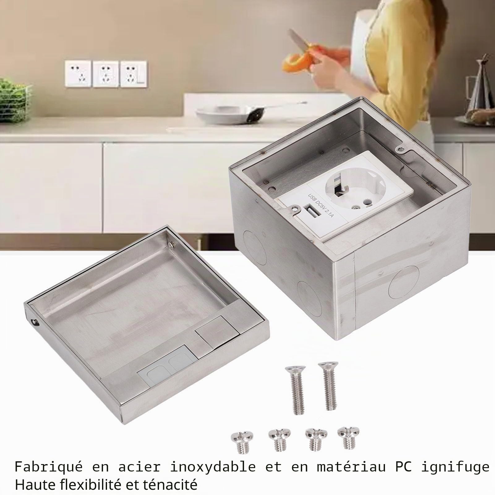 Prise Encastrée de Sol avec Port USB, IP40 Ignifuge, 250V 16A 4000W, Acier Inoxydable, Installation Encastrée, Multi Ports UE