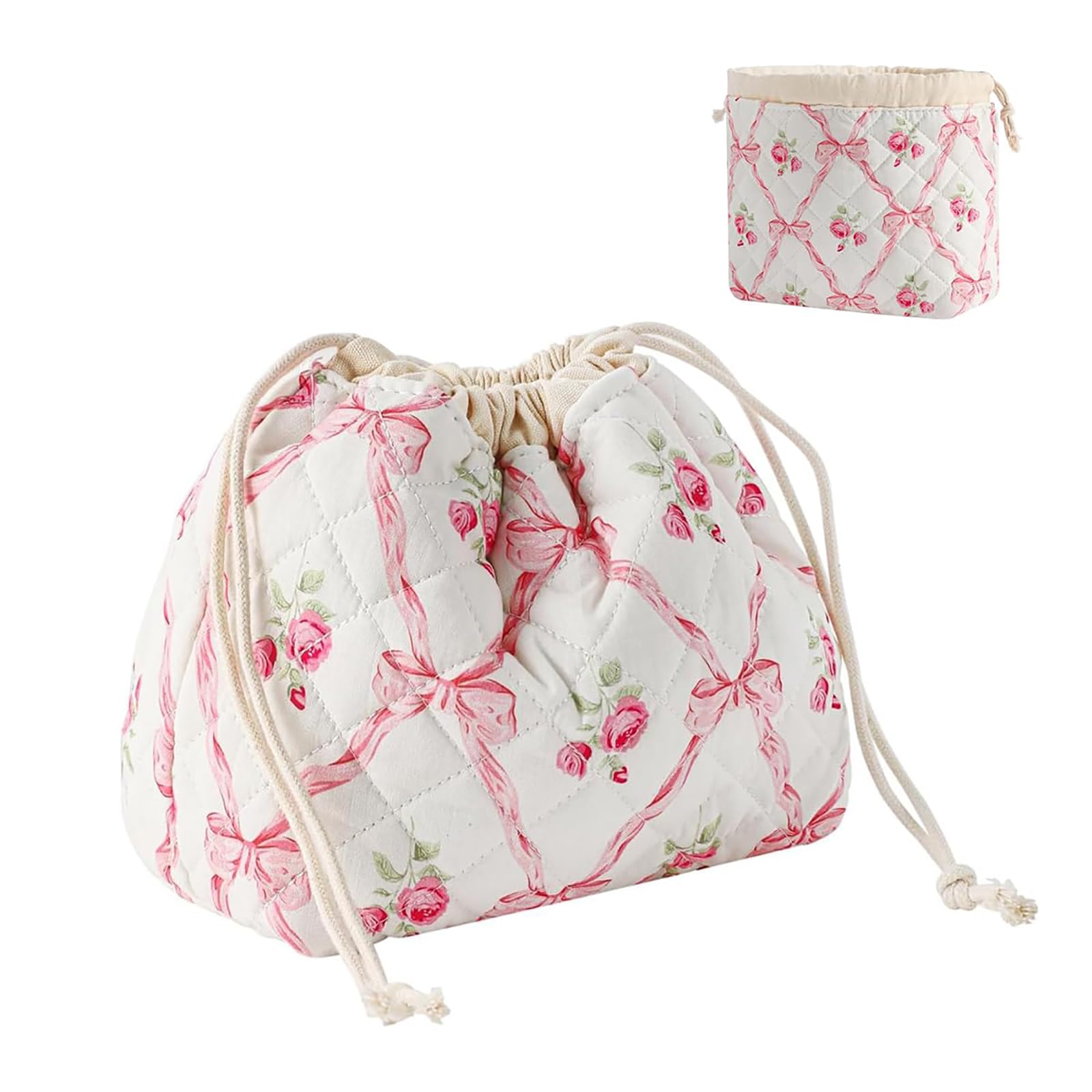 Drawstring Makeup Bag, Travel Cosmetic Pouch and Toiletry Bag for Women, Polyester Portable Makeup Organizer for Daily Storage, White Pink-image-45
