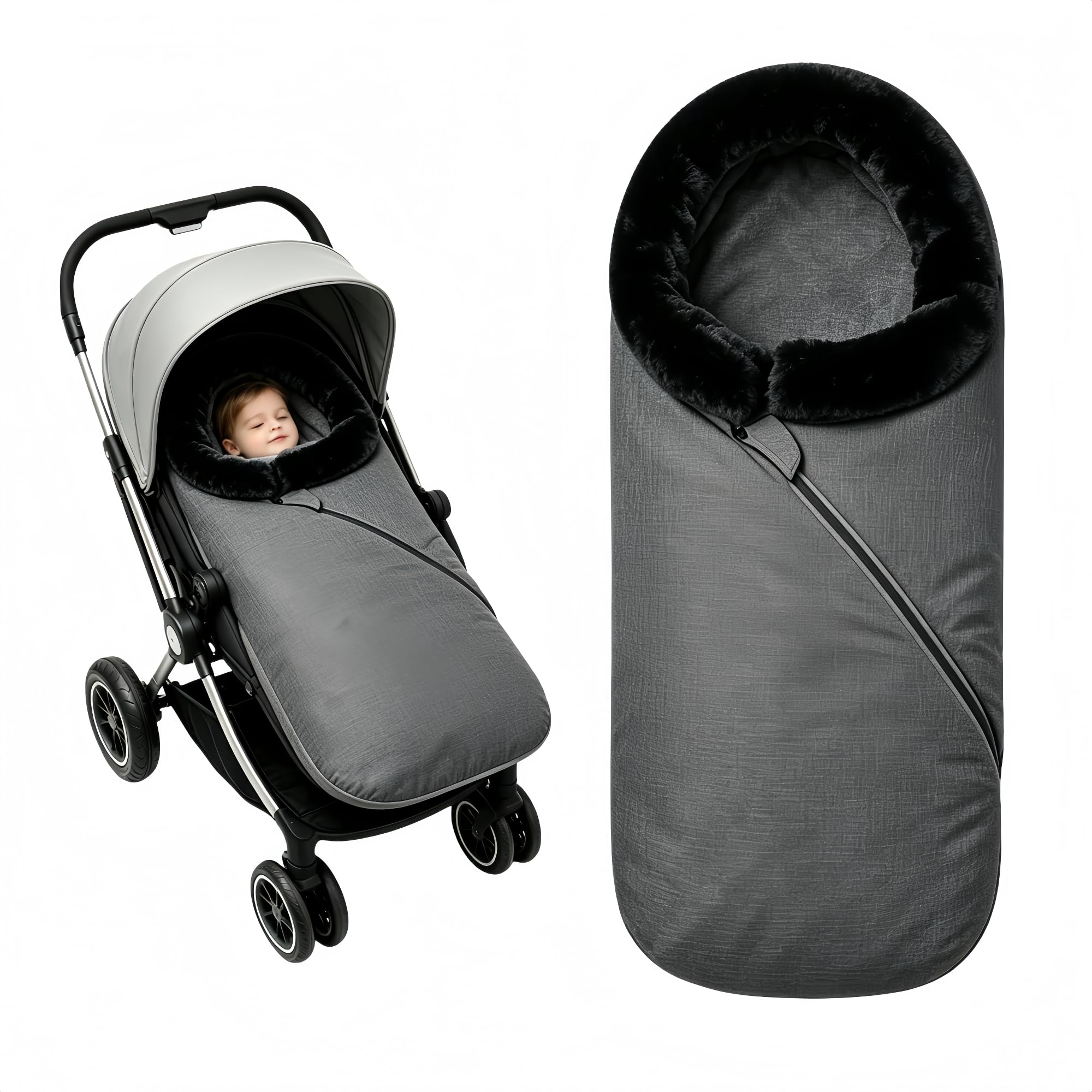 Sacco nanna invernale in spesso pile corallo, con colletto in pelliccia rigida, sacco a pelo a 3 strati per passeggino e passeggino, impermeabile, antivento, 90 x 40 cm
