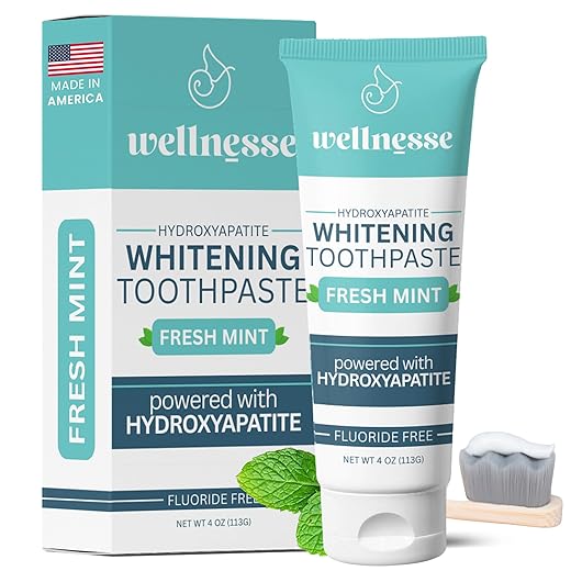 Wellnesse Whitening Hydroxyapatite Toothpaste with Xylitol, Natural Fluoride-Free Teeth Whitening Toothpaste for Adults, Strengthens Enamel, Supports Gum Health, Fresh Mint Flavor, 4 oz (Pack of 1)