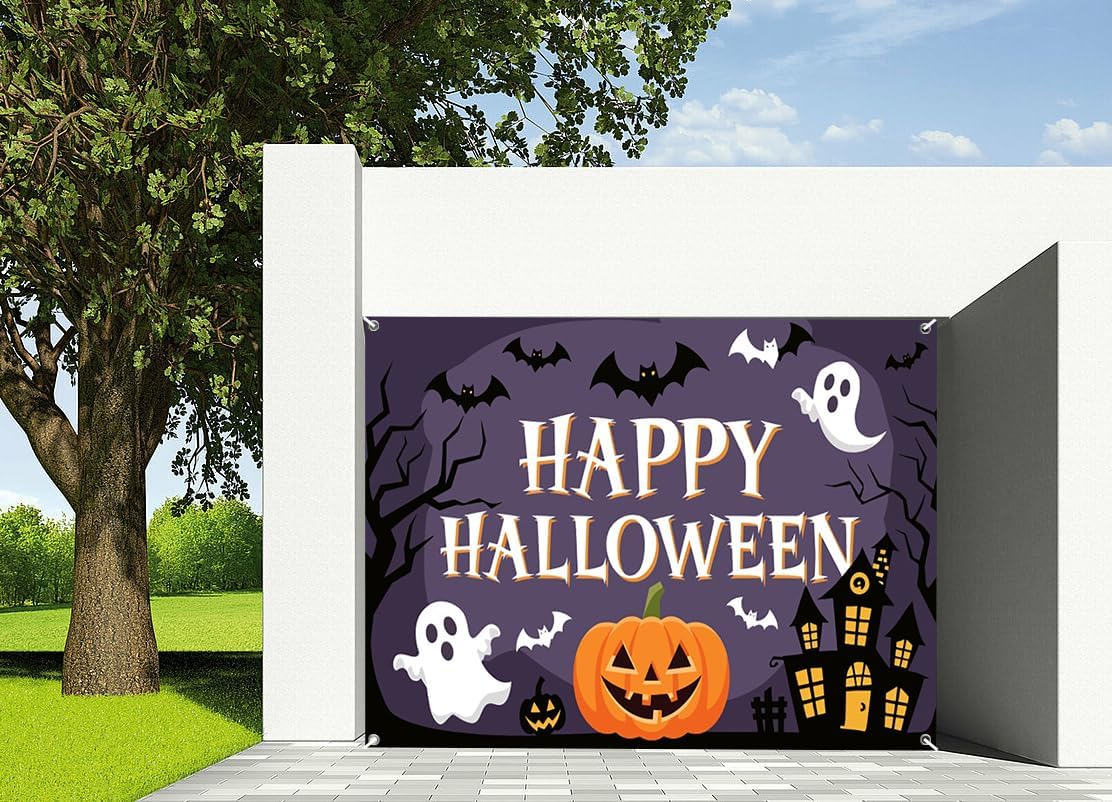 7x8ft Happy Halloween Spooky Scene Garage Door Decor Night Sky Ghosts Bats Pumpkins Haunted House Garage Door Cover Indoor Outdoor Celebration Festive Background Decor