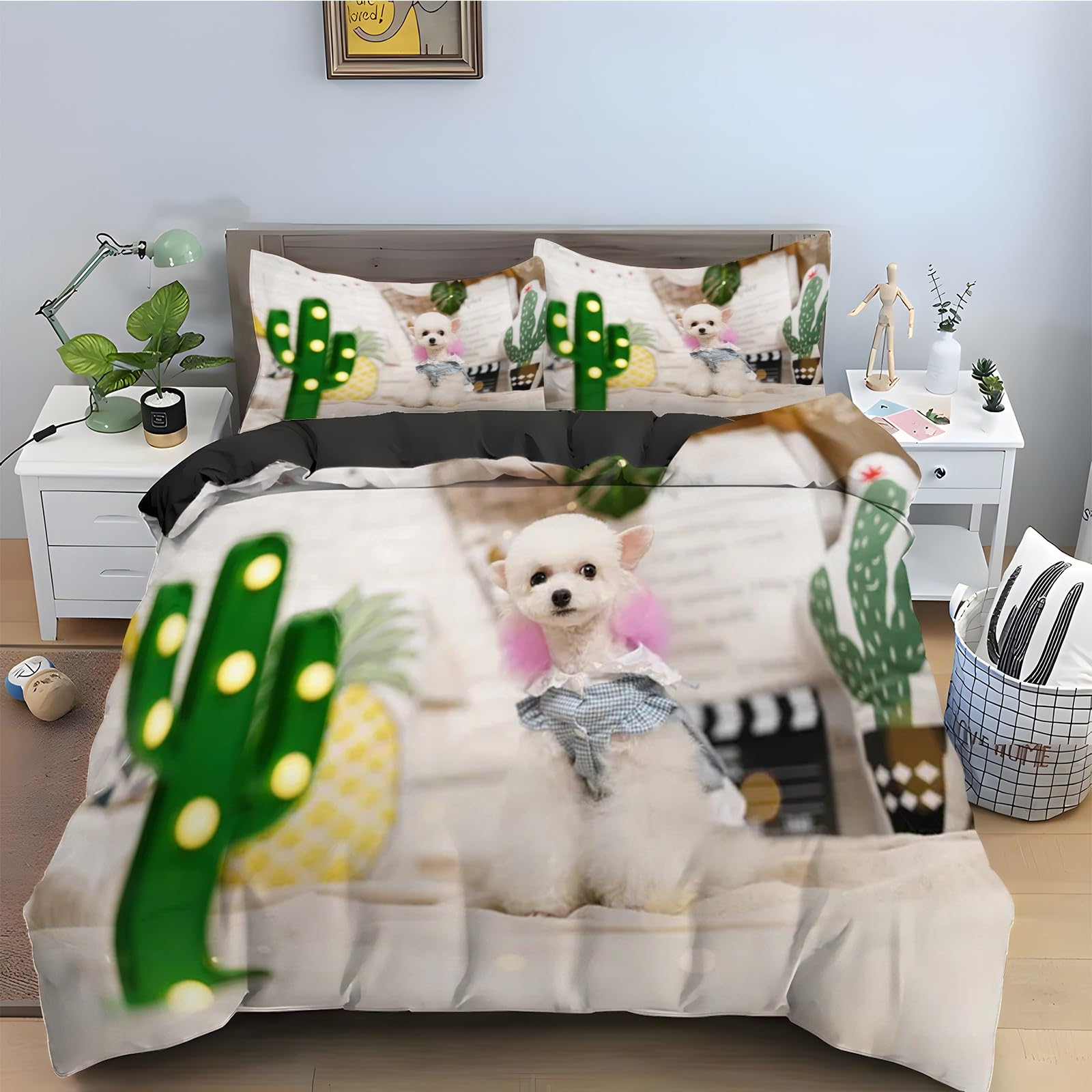 Parure de lit plantes vertes et chiot 240x260 pour chambre cocooning nature