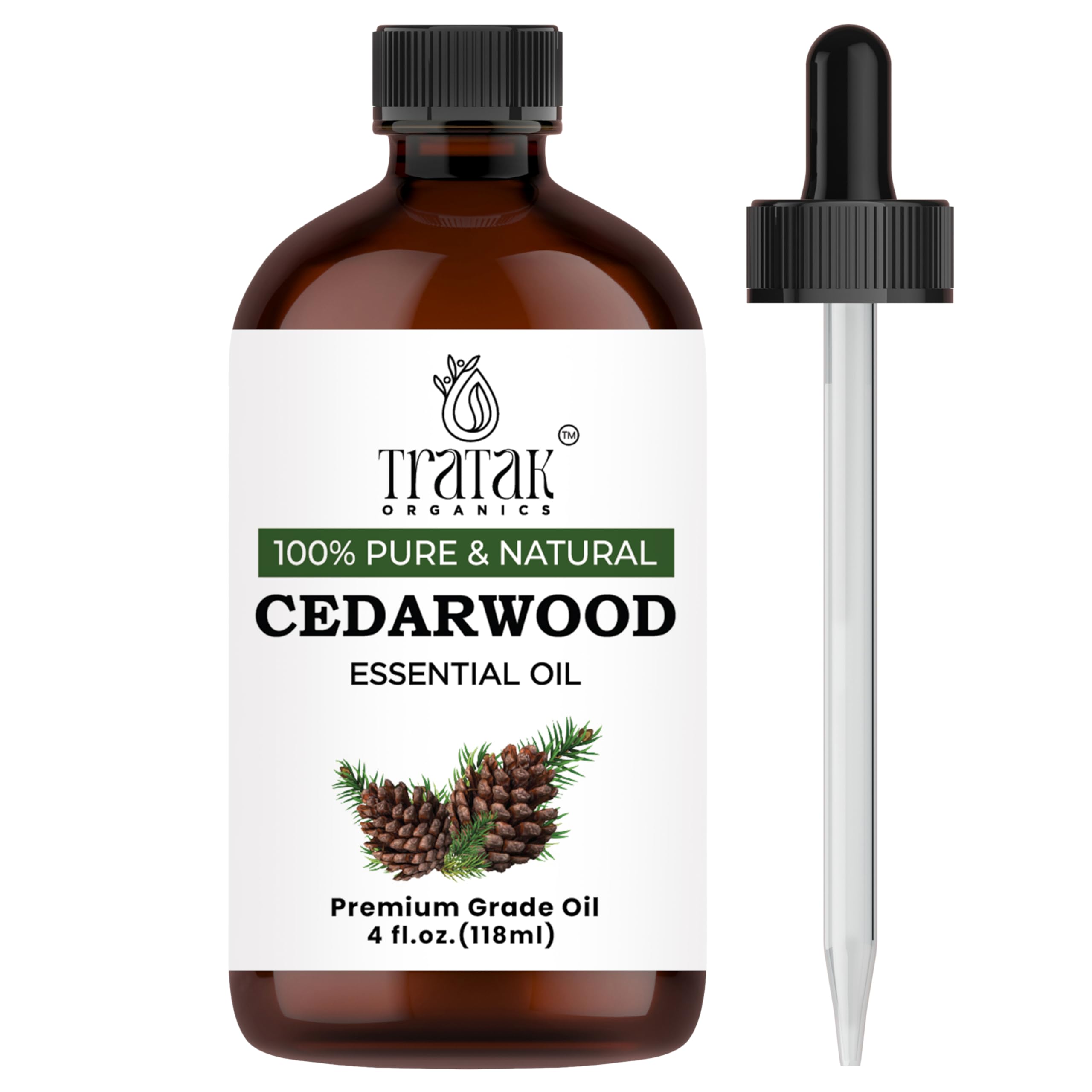TRATAK ORGANICS Cedarwood Essential Oil for Hair Skin & Diffuser - 4 Fl Oz - 100% Natural Cedarwood Oil for Hair Aromatherapy Soap Making Scent, Massage and Humidifiers